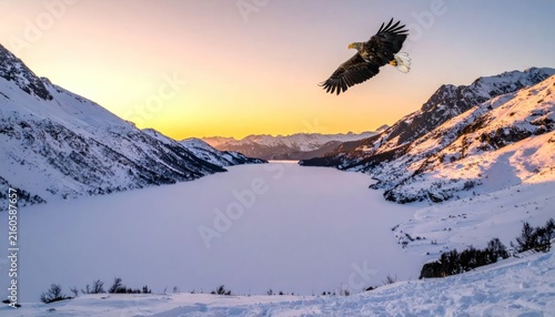 Eagle flying over snowy mountain landscape.