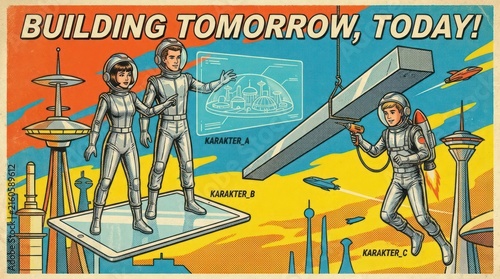 Retro comic poster showing astronauts building future space city.