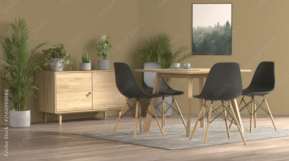 Fototapeta premium Modern dining room with table chairs plants and artwork interior design