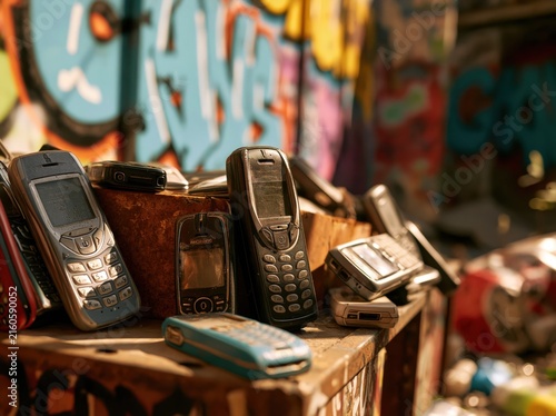 Old obsolete mobile phones stacked outdoors against graffiti wall