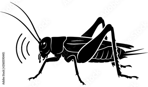 Фотография Black cricket insect silhouette with long antennae and chirping sound waves vect