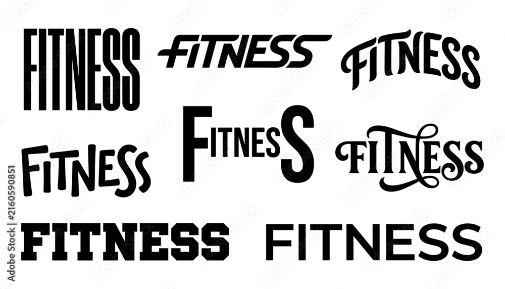 Obraz premium Fitness Word Typography Font Collection Set Various Text Lettering Logo Style Vector