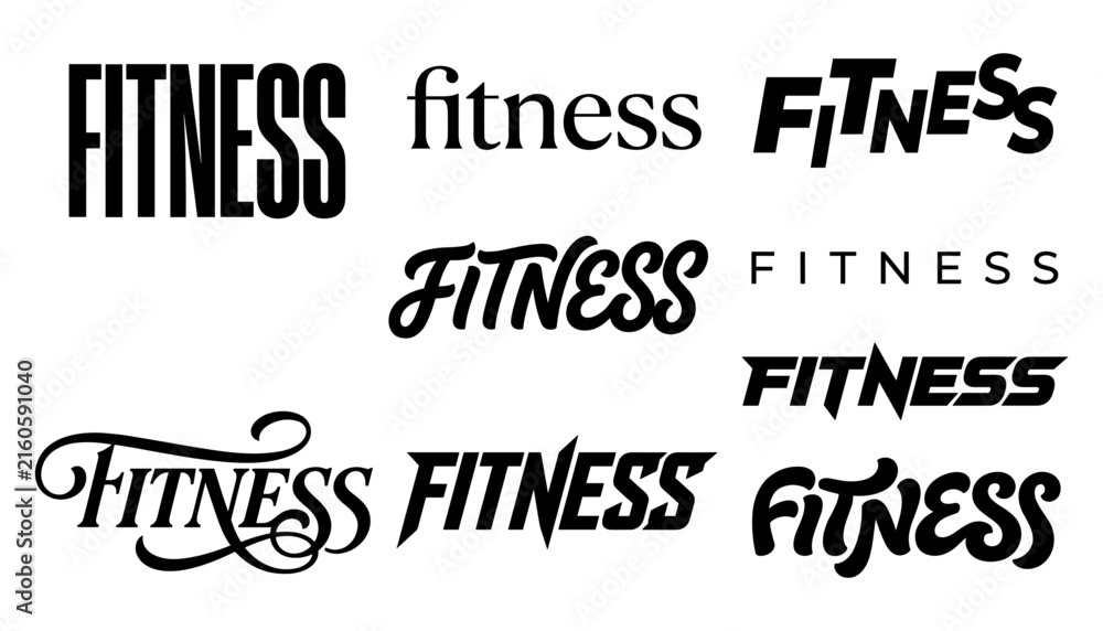 Fototapeta premium Fitness Word Typography Font Collection Set Various Text Lettering Logo Style Vector