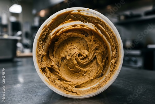 Macro close up of the inside of a plastic tub of commercial peanut butter with dried residue