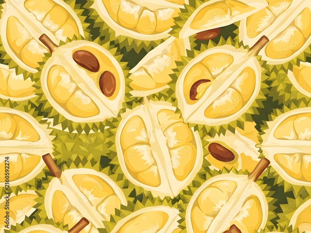 Seamless pattern of ripe durian fruit, slices, and seeds