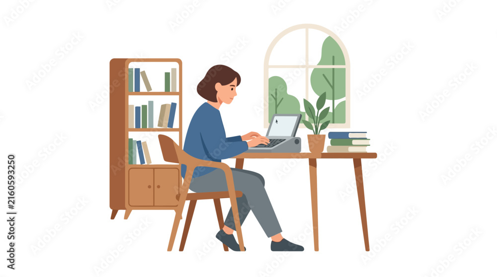 Fototapeta premium Focused young woman typing on laptop at cozy home office workspace with window flat vector illustration