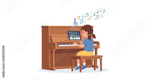 Young girl practicing piano with digital tablet music application for online learning flat vector element