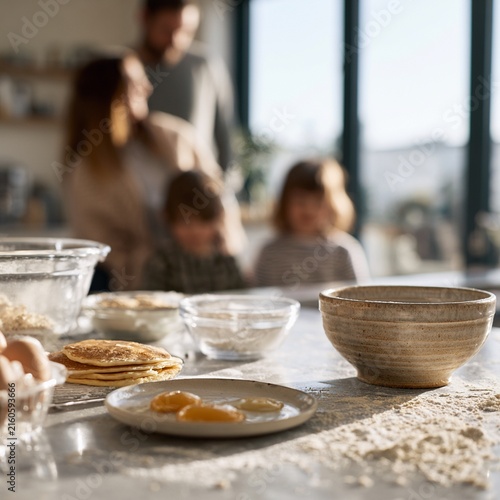 Family Breakfast Preparation with Pancakes and Baking Ingredients