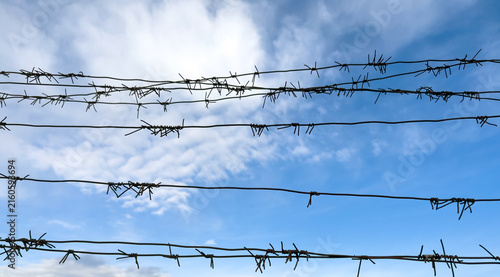 Fotografie Barbed wire on fence with blue sky on background