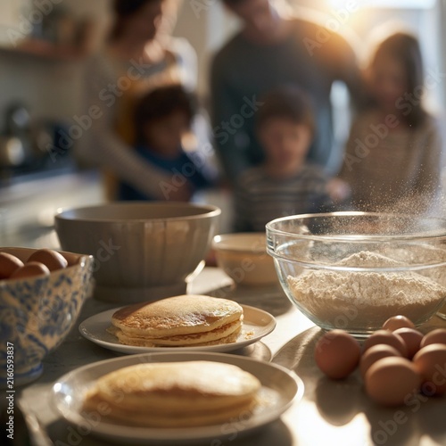 Family Breakfast Preparation with Pancakes and Baking Ingredients