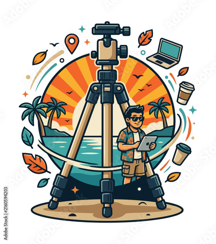 Outdoor creative work tripod and person with tablet at beach with laptop and coffee