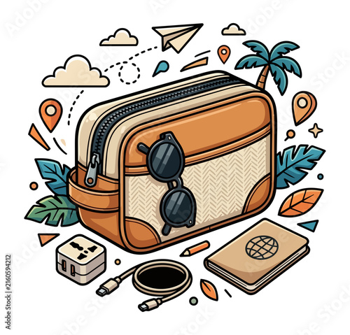 Travel accessory pouch with passport sunglasses and adapter