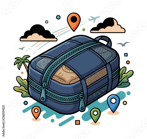 Travel bag with location pins and travel elements