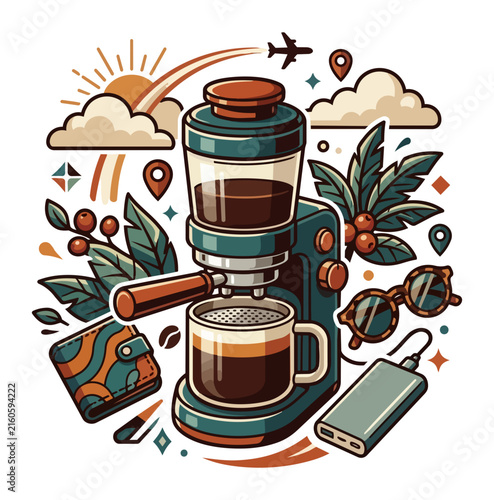 Coffee maker preparing beverage near travel items and sun