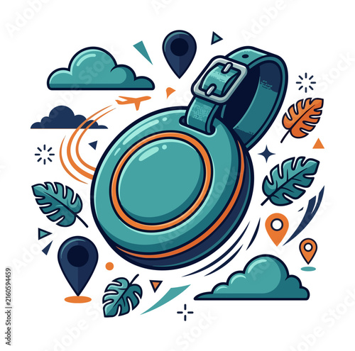 Circular device with strap and travel icons