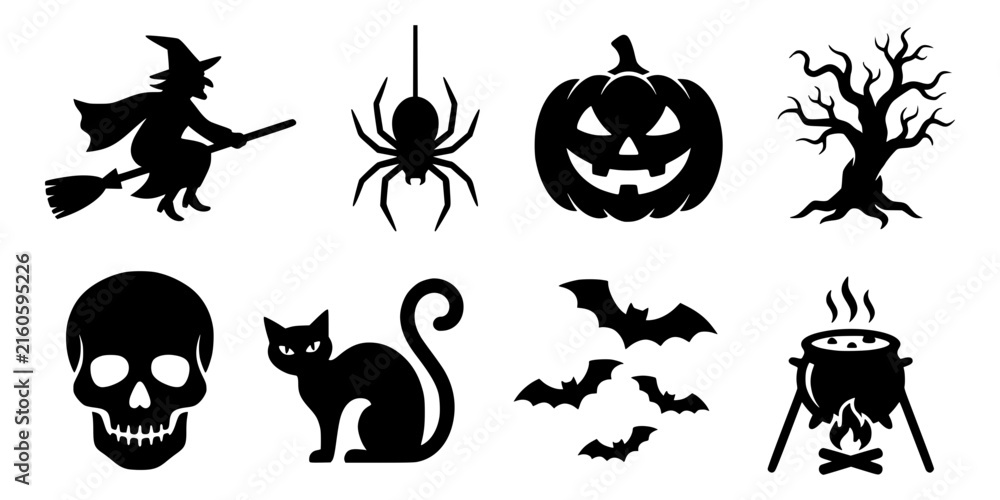 Fototapeta premium Black silhouette halloween icons set including witch, tree, bats, spider, pumpkin, cat, tombstone, skull and cauldron