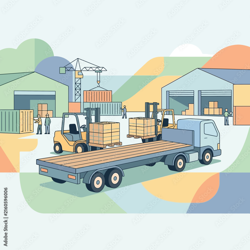 Naklejka premium Warehouse Logistics And Shipping Dock Operations With Forklifts And Truck Loading Cargo