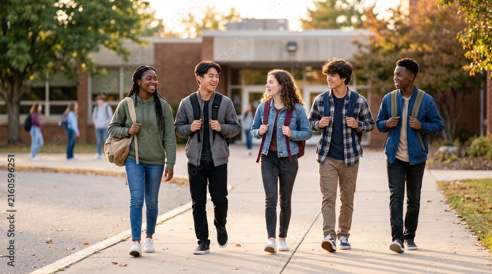Fototapeta premium Diverse group of smiling teenagers walking together outside a school building with backpacks