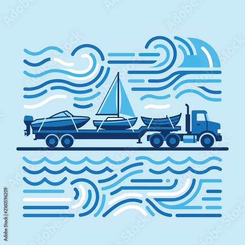 Transportation Of Multiple Boats By Truck Across Abstract Water Scenery