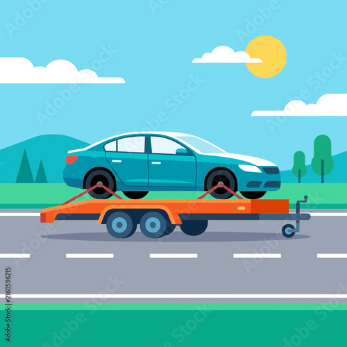 Towing A Car On A Flatbed Trailer Down The Road