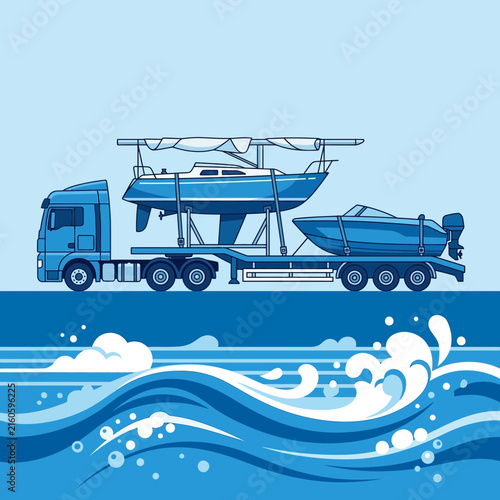 Transporting Pleasure Boats Via Truck Over Blue Waters Background
