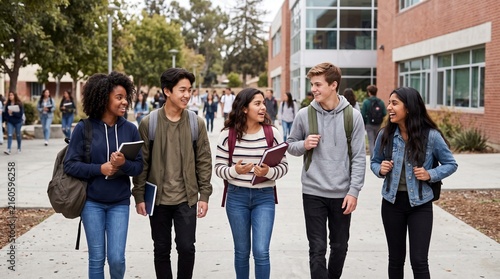 Diverse group of happy high school students walking together on campus carrying books and backpacks