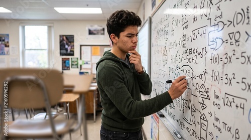 Teenage boy thoughtfully solving complex math equations on a whiteboard in a classroom setting