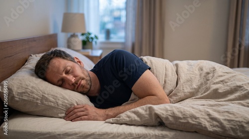 Man peacefully sleeping in a comfortable bed covered with a light beige duvet and linen sheets