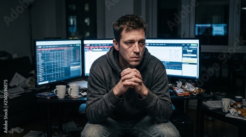 Man looking stressed and tired sitting in front of multiple computer screens displaying financial data charts and tables