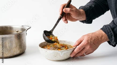Person serving hearty vegetable soup from a pot into a rustic bowl with a ladle