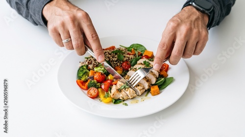 Man eating healthy chicken breast quinoa salad with fresh vegetables and sweet potato cubes