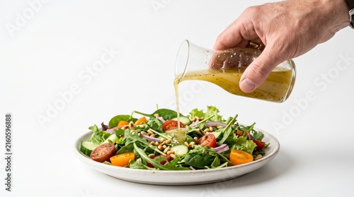Hand pouring vinaigrette dressing onto a fresh green salad with tomatoes and pine nuts