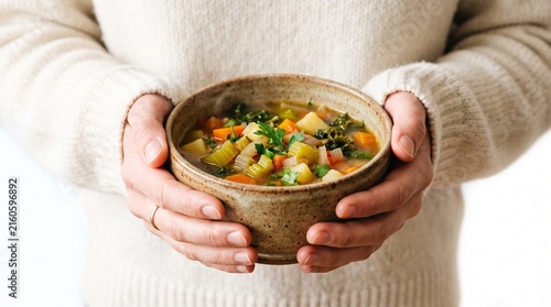 Person holding a warm bowl of hearty vegetable soup with kale potatoes carrots and celery