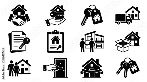 Dynamic Black and White Icons Set Featuring Real Estate and Property Transaction Symbols with high quality professional line art symbols for modern creative design and digital branding projects