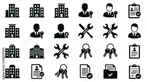 Dynamic Black and White Icons Set Featuring Real Estate Property Management and Contract Symbols