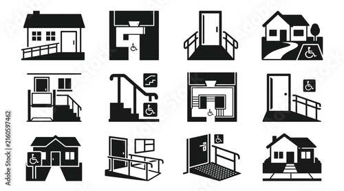 Dynamic Black and White Illustrations of Accessible Home and Building Entrances with Wheelchair Symbols