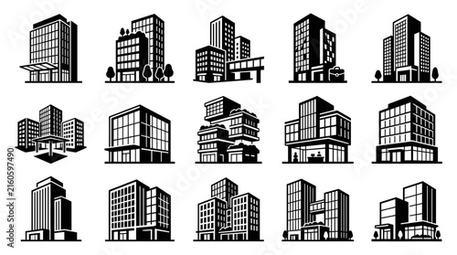 Dynamic Black and White Illustrations of Modern Urban Buildings and Architectural Styles with high quality professional line art symbols for modern creative design and digital branding projects