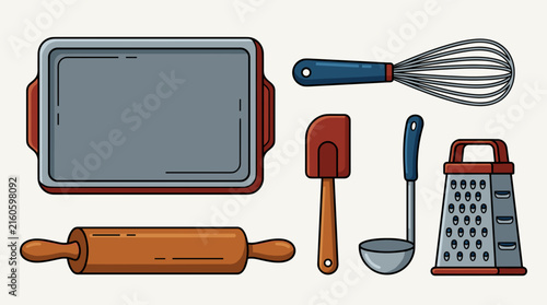 Bild auf Leinwand Flat design illustration of baking tools: baking sheet, rolling pin, whisk, spatula, ladle, and grater on a light background