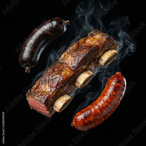 Grilled argentine asado with chorizo, morcilla and ribs isolated in black background