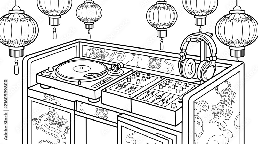 Fototapeta premium DJ booth with turntables, mixer, headphones, and hanging lanterns, line art illustration with Asian motifs