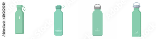 Obraz na plátne Set of mint green reusable water bottles vector illustration