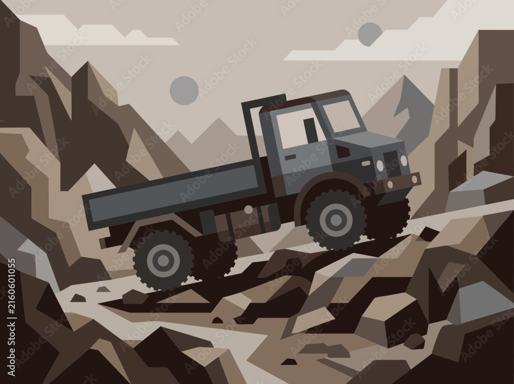 Fototapeta premium Rugged OffRoad Truck Navigating Rocky Terrain Illustration