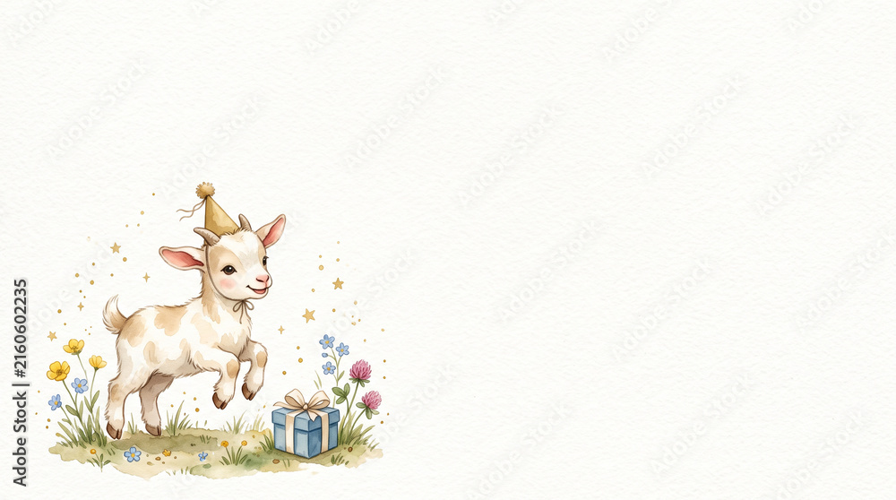 Fototapeta premium Cute Watercolor Baby Goat Birthday Card Background with Copy Space