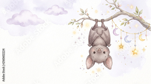 Cute Watercolor Baby Bat Hanging from Branch for Kids Birthday Card