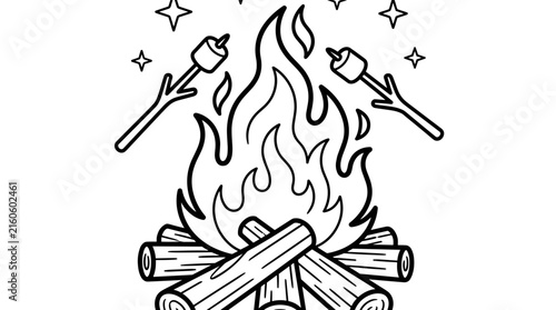 Roaring campfire with roasting marshmallows on sticks and twinkling stars, simple line art illustration