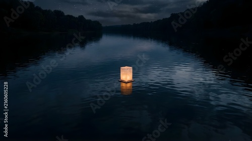 Glowing paper lantern floating on a dark river at night under starry sky