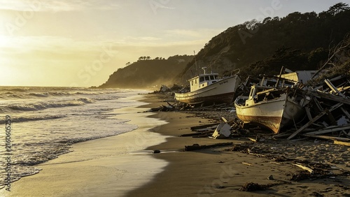 Coastal area with destroyed boats and debris washed ashore p