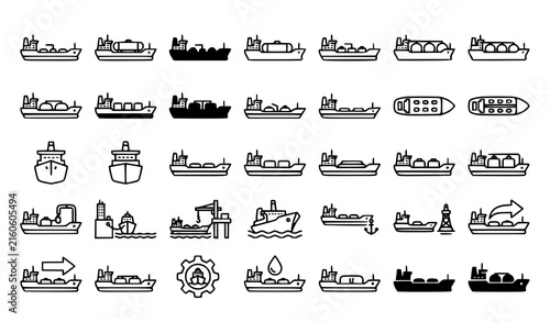 Cargo Ship Icon Set Oil Tanker and Container Vessel Line Art Collection with Shipping and Crane for Maritime Design