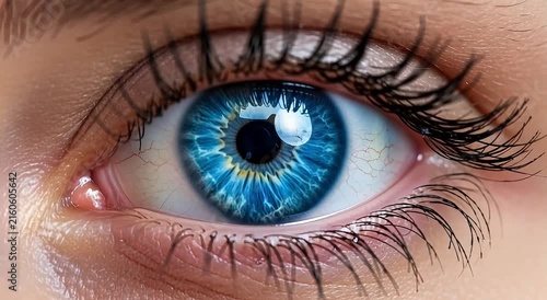 Human eye blue iris close up motion footage displaying intricate anatomical detail lighting reflections and eyelashes in digital video clip