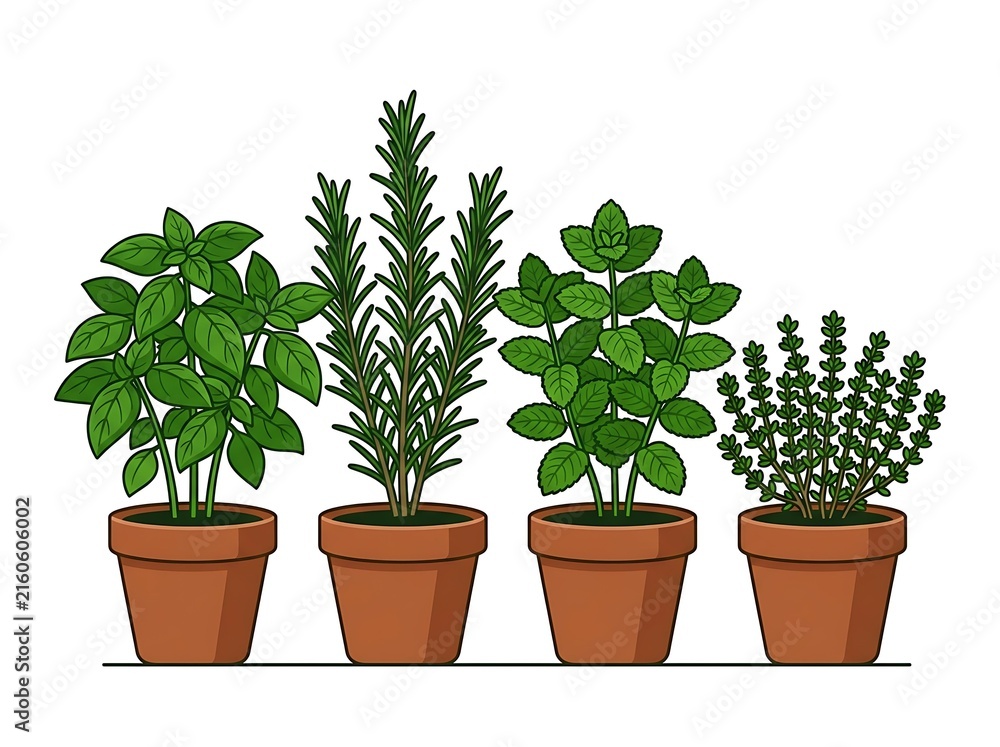 Fototapeta premium Four Herb Plants Botanical Group – Kitchen Garden Illustration